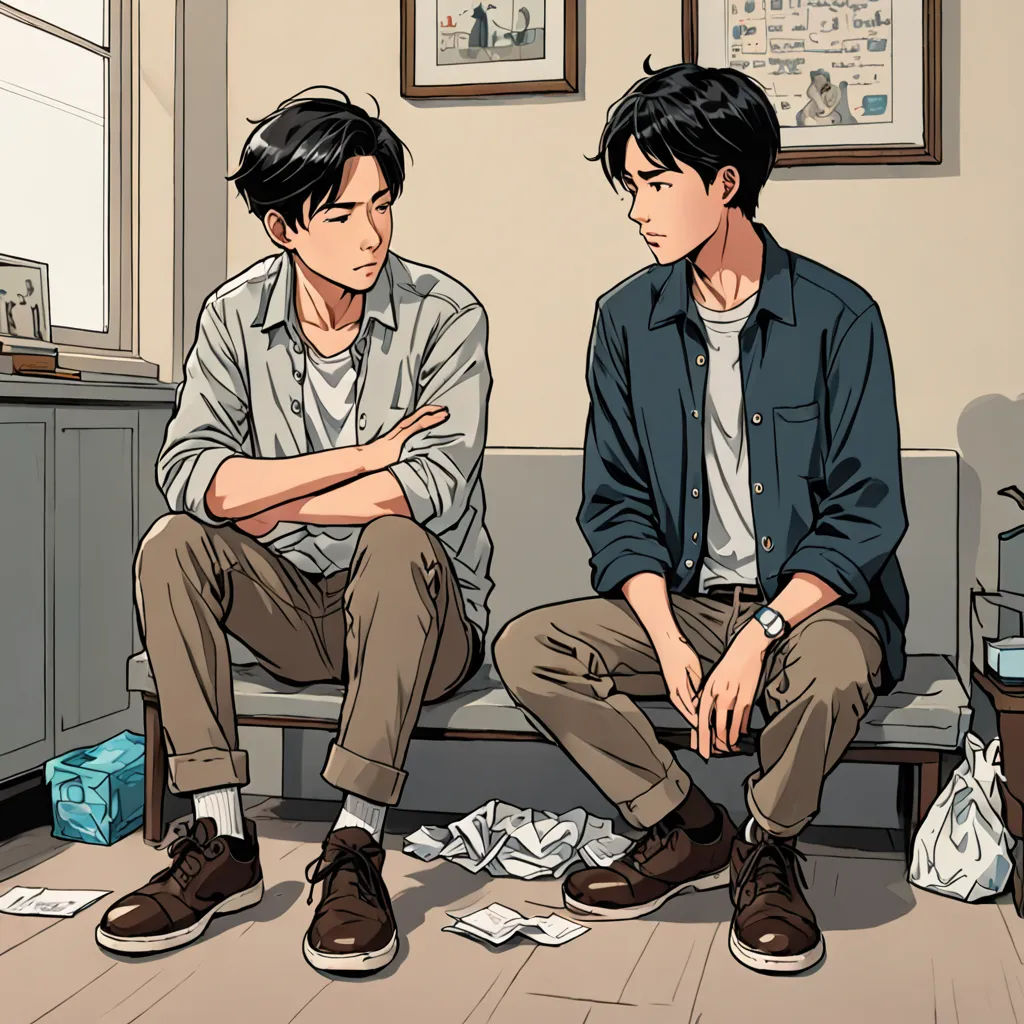two men sitting on a bench in a room with papers scattered around them and a box of tissues on the floor, serial art, a comic book panel, Chen Hong, graphic novel