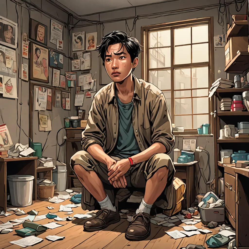 a man sitting on a floor in a messy room with papers all over the floor and a lot of clutter on the floor, serial art, a character portrait, David Park, kim jung gi