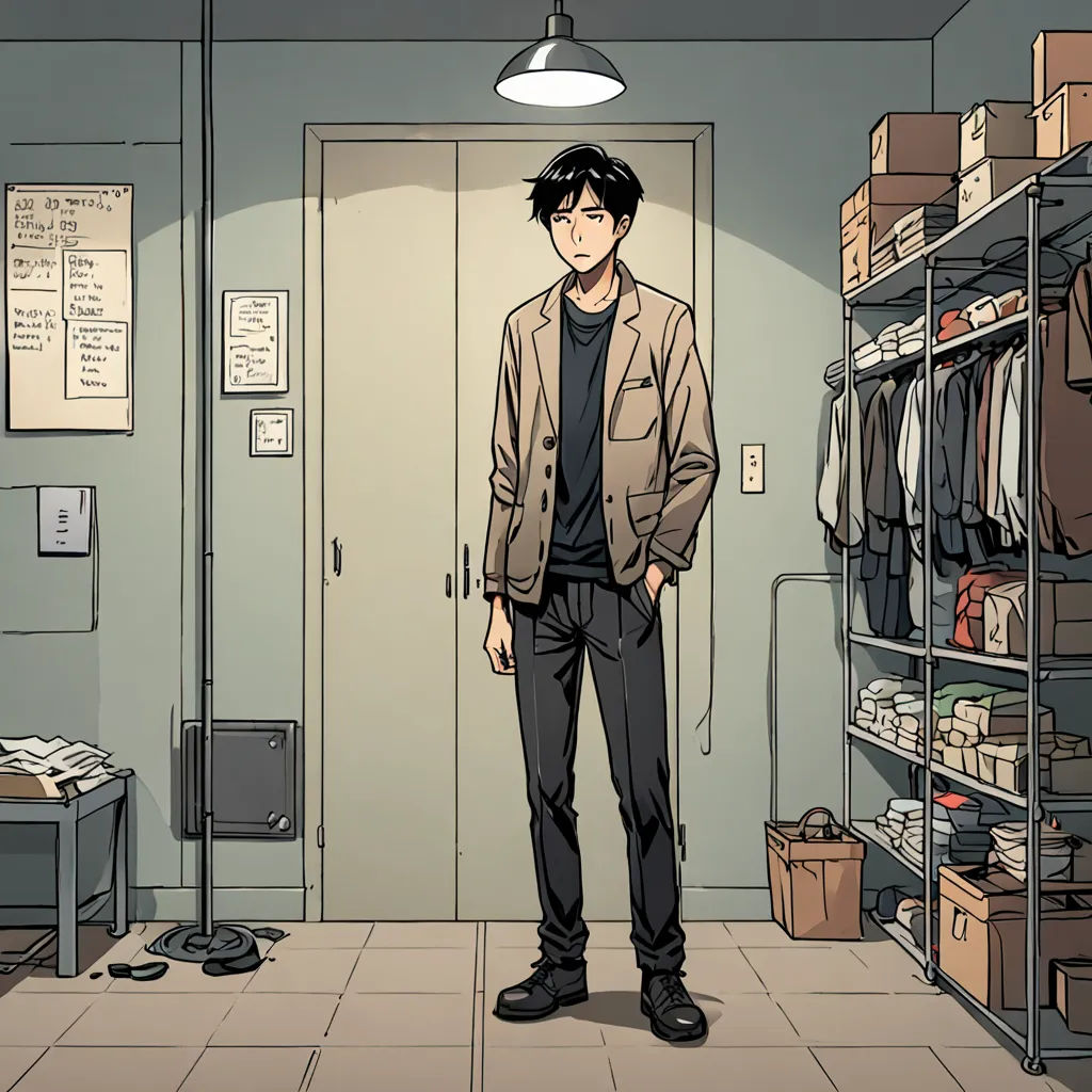 a man standing in a room with a closet full of clothes and boxes on the floor and a lamp above him, postminimalism, a comic book panel, Asaf Hanuka, official art
