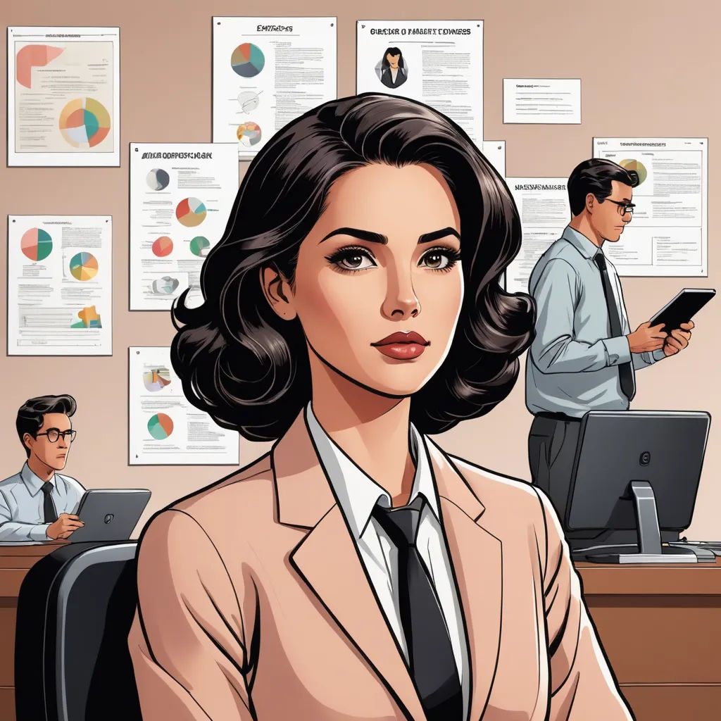 a woman in a suit sitting at a desk with a man in the background looking at her phone and a man in a suit standing behind her, figurativism, a comic book panel, Edwin Georgi, comic cover art