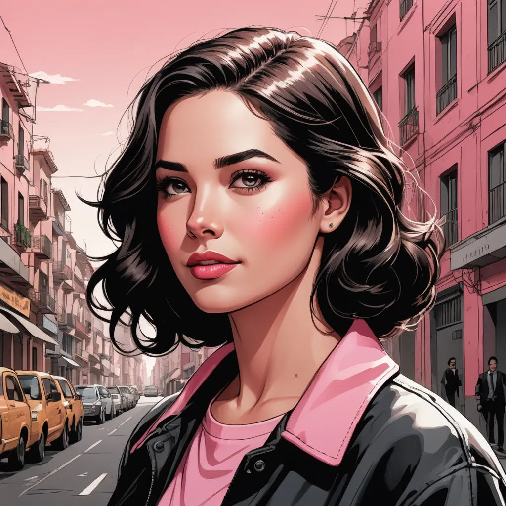 a woman in a pink shirt and black jacket standing on a street with a pink sky in the background, photorealism, a comic book panel, Artgerm, stanley artgerm lau