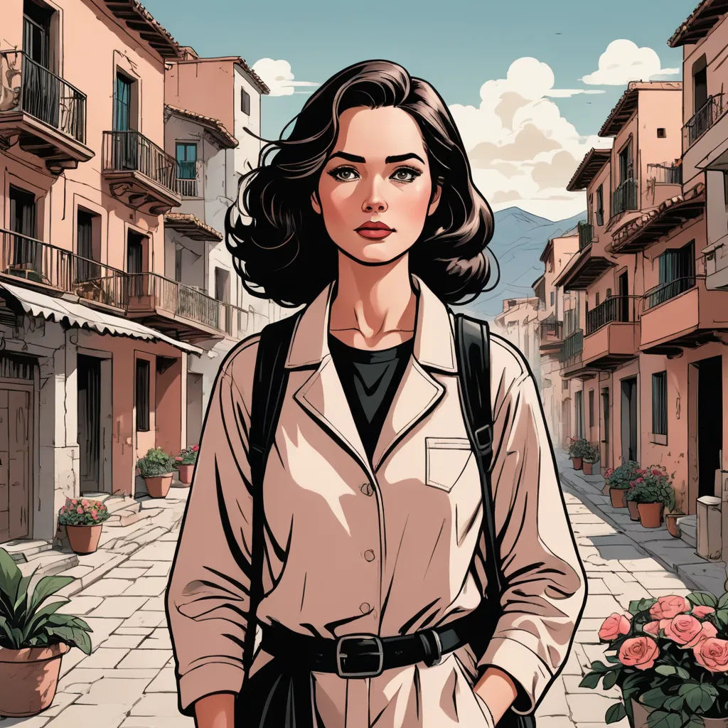 a woman standing in a street with a flower pot in front of her and a building with a balcony, serial art, a comic book panel, Colin Middleton, comic cover art