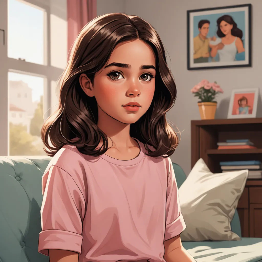 a girl sitting on a couch in a living room with a window behind her and a picture of a woman on the wall, american scene painting, a painting, Constance Gordon-Cumming, cgstudio
