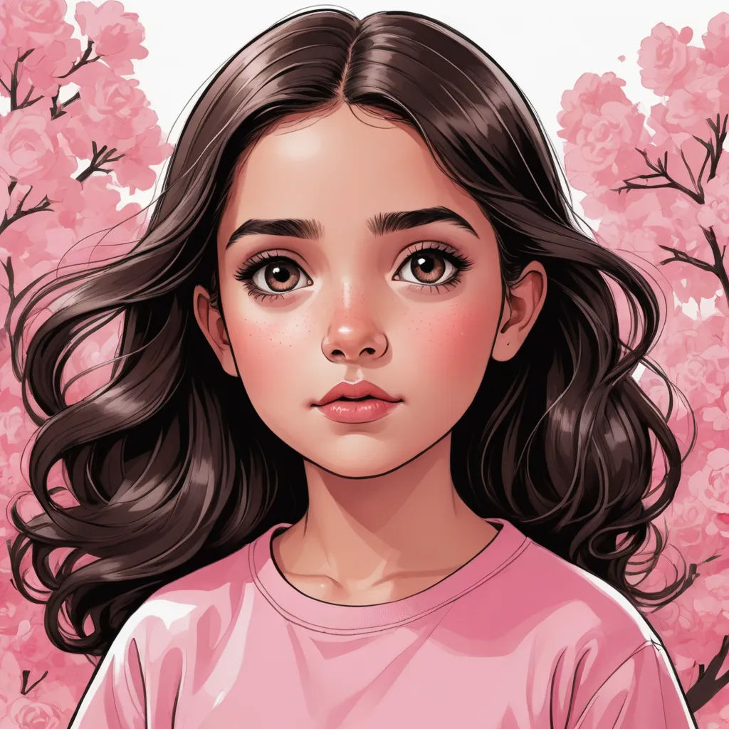 a girl with long hair and pink shirt in front of a tree with pink flowers and pink blossoms on it, fantasy art, a detailed drawing, Artgerm, stanley artgerm lau