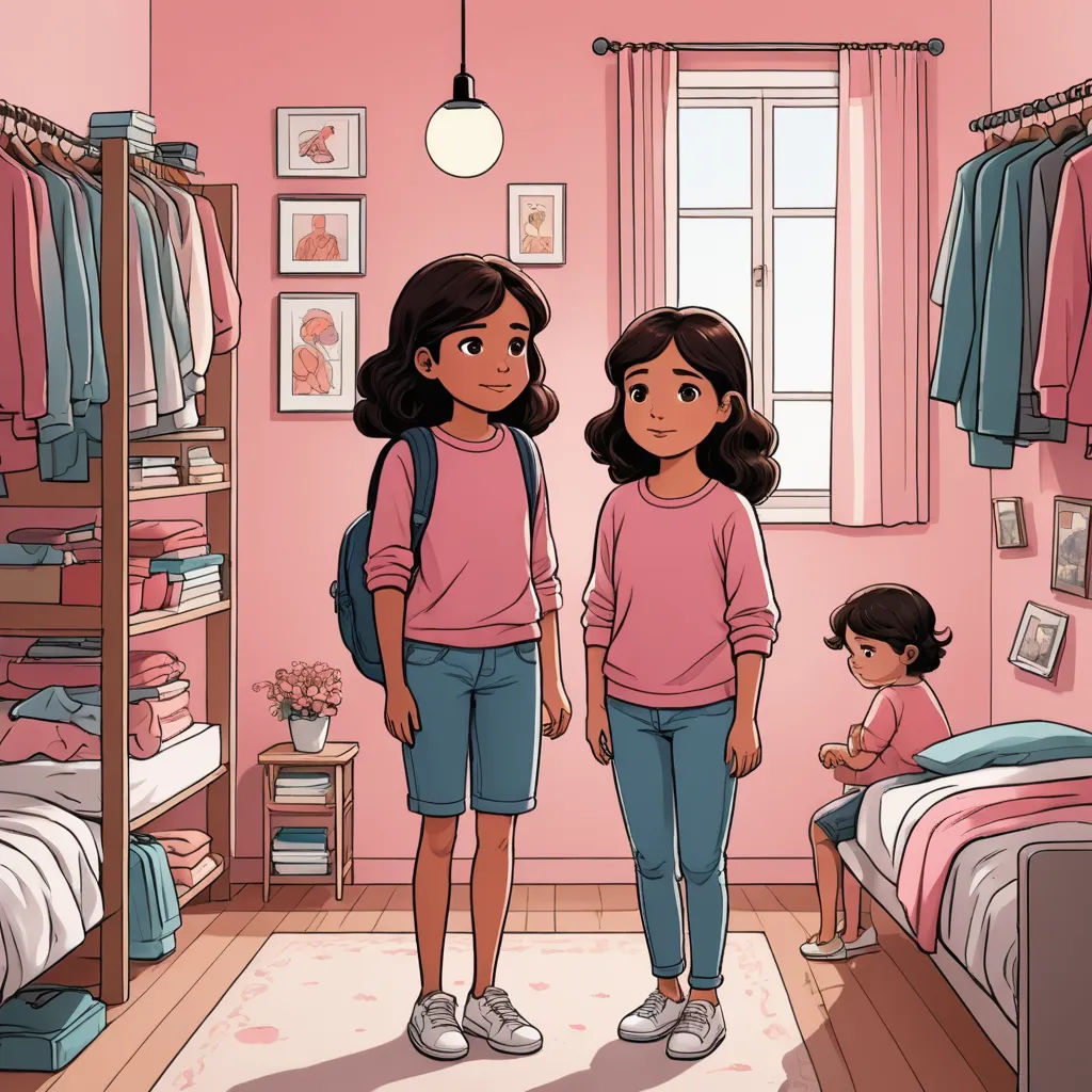 a couple of women standing in a bedroom next to a bed and a window with a pink wall behind them, serial art, a storybook illustration, disney, comic cover art