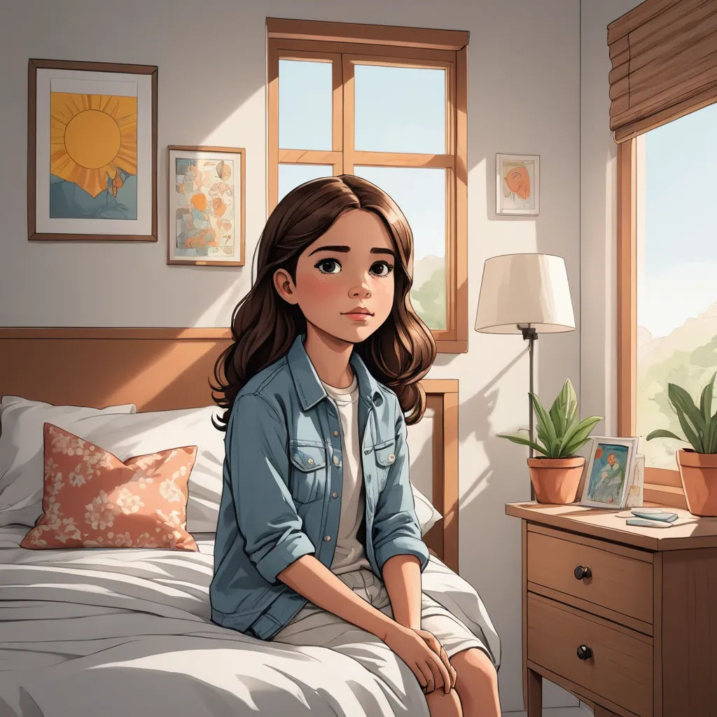a girl sitting on a bed in a bedroom with a window and a plant in the corner of the room, sots art, a screenshot, Constance Gordon-Cumming, trending on art station