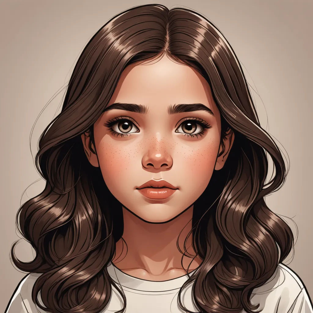 a girl with long hair and brown eyes is shown in a cartoon style, with a white shirt on, photorealism, a character portrait, Artgerm, realistic shaded perfect face