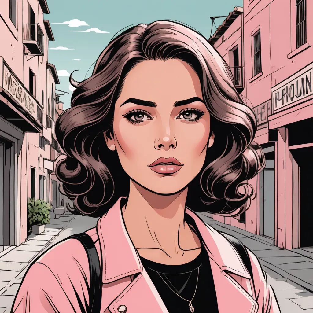 a woman with a pink jacket on standing in front of a pink building with a sign that says pfount, aestheticism, a character portrait, Andrea Orcagna, comic cover art