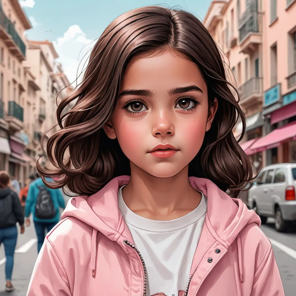 a digital painting of a girl in a pink jacket on a city street with people walking by and a car, photorealism, a photorealistic painting, Artgerm, trending on art station