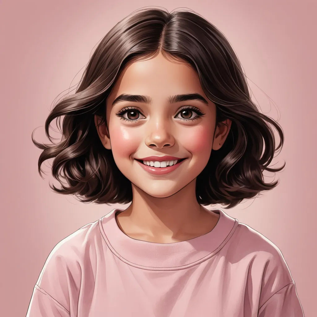 a digital painting of a young girl with a smile on her face and shoulder length hair, wearing a pink shirt, photorealism, a photorealistic painting, Constance Gordon-Cumming, photorealistic portrait
