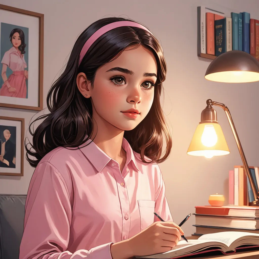 a girl is sitting at a desk with a book and pen in her hand and a lamp on the desk, academic art, a storybook illustration, Artgerm, trending on art station