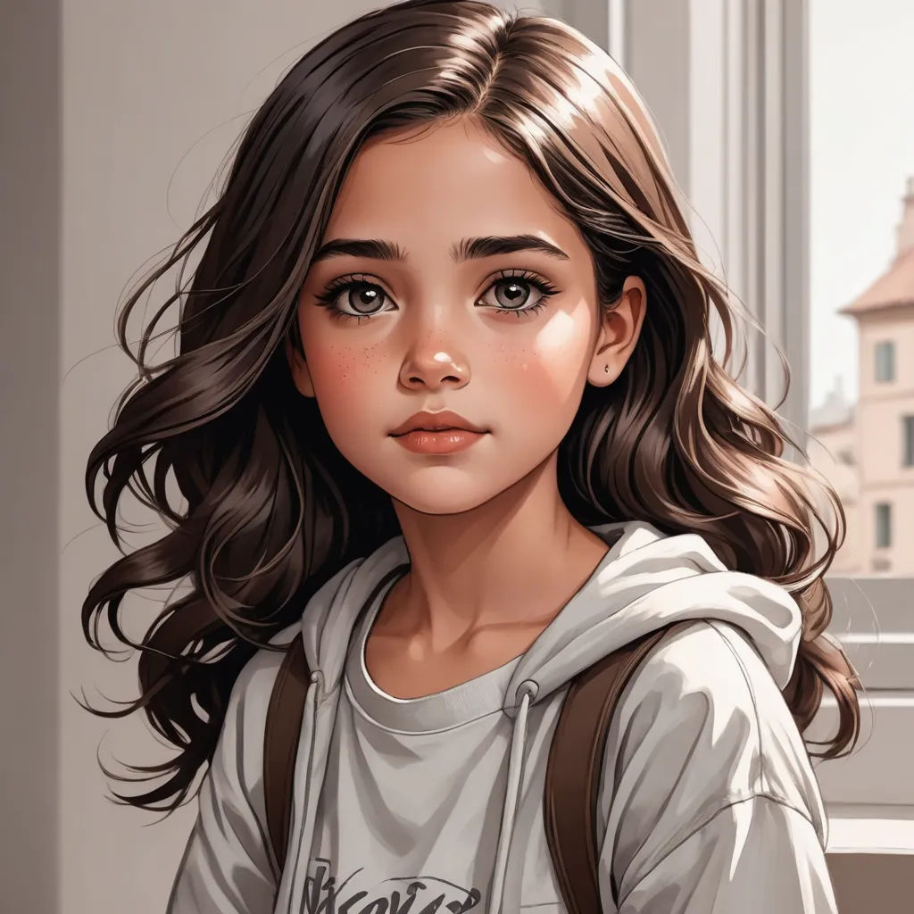 a painting of a girl with a backpack on her shoulder and a building in the background with a window, fantasy art, a detailed painting, Artgerm, trending on art station