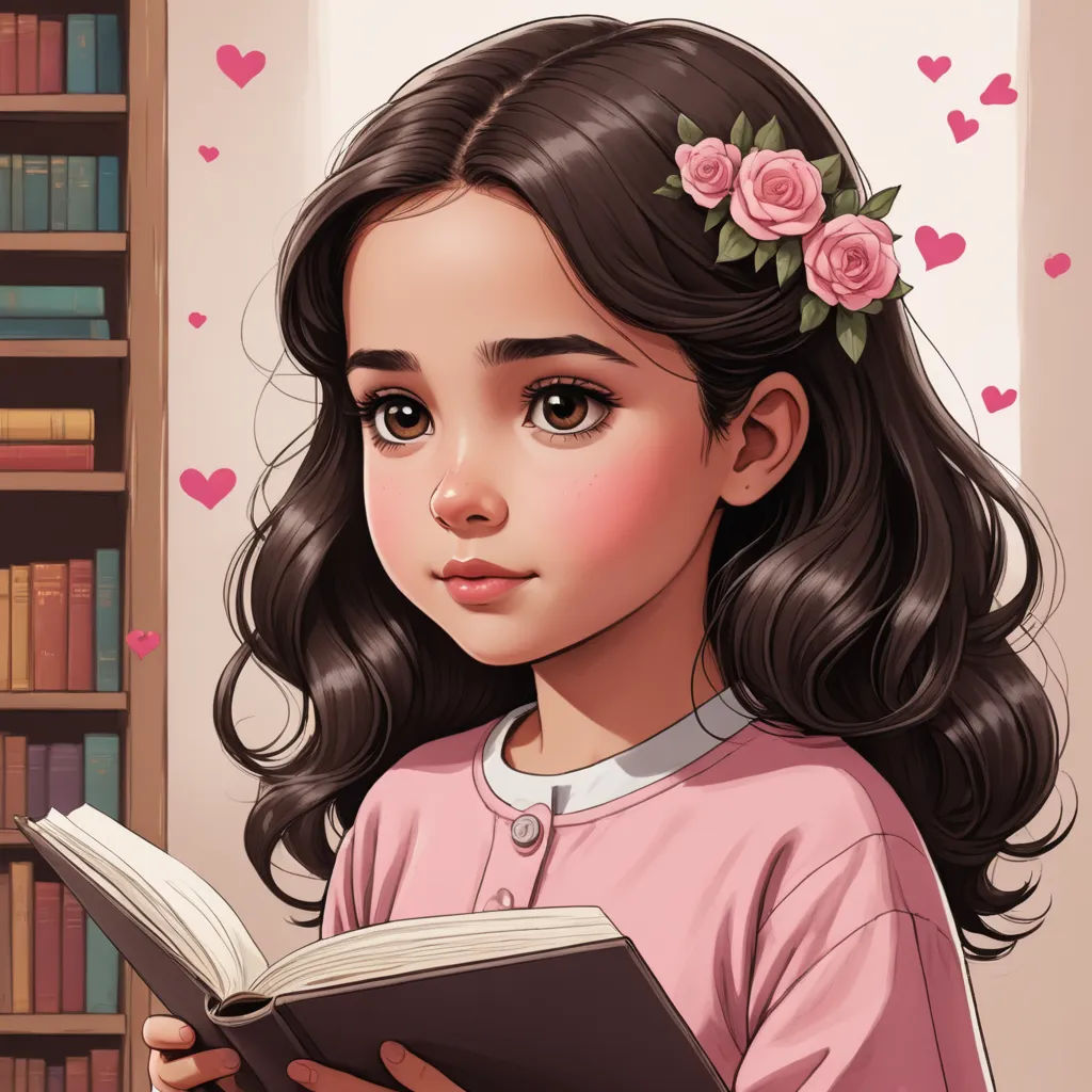a girl reading a book in front of a bookcase with bookshelves and a rose in her hair, fantasy art, a storybook illustration, Clarice Beckett, storybook illustration