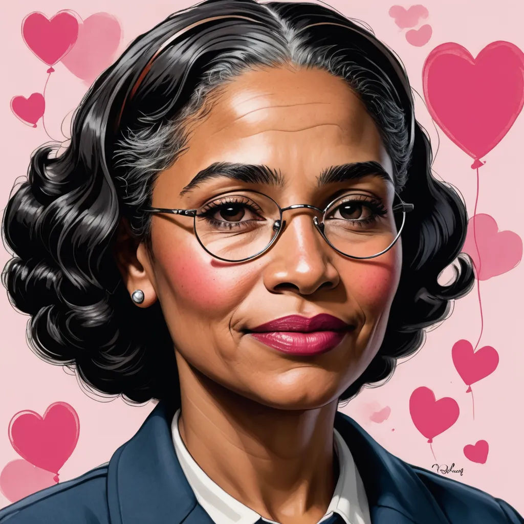 a caricature of a woman with glasses and a tie on and hearts in the background of the caricature, de stijl, a character portrait, Constance Gordon-Cumming, character portrait