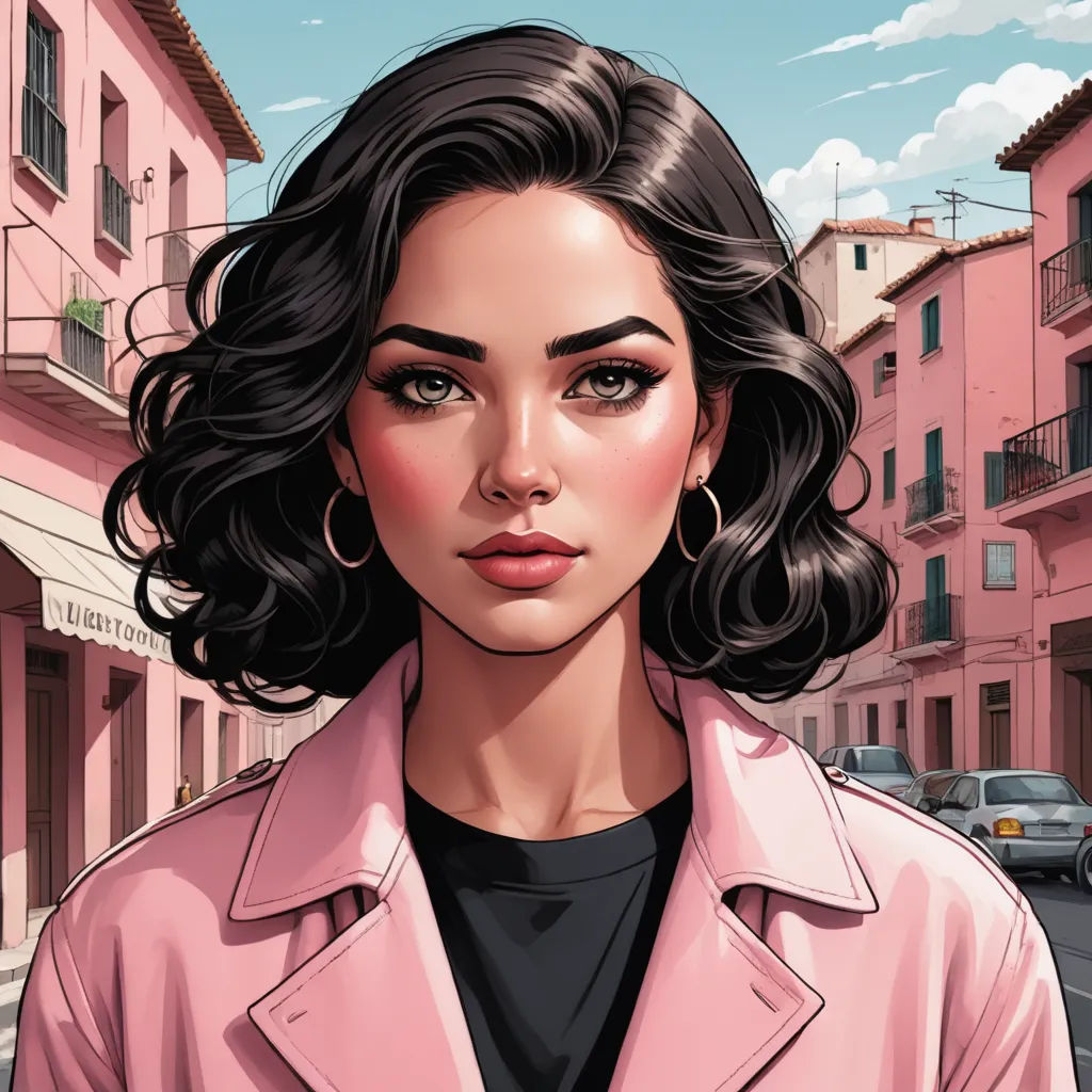 a woman in a pink jacket is standing in front of a pink building and a pink car is parked on the street, hyperrealism, a character portrait, Artgerm, comic cover art
