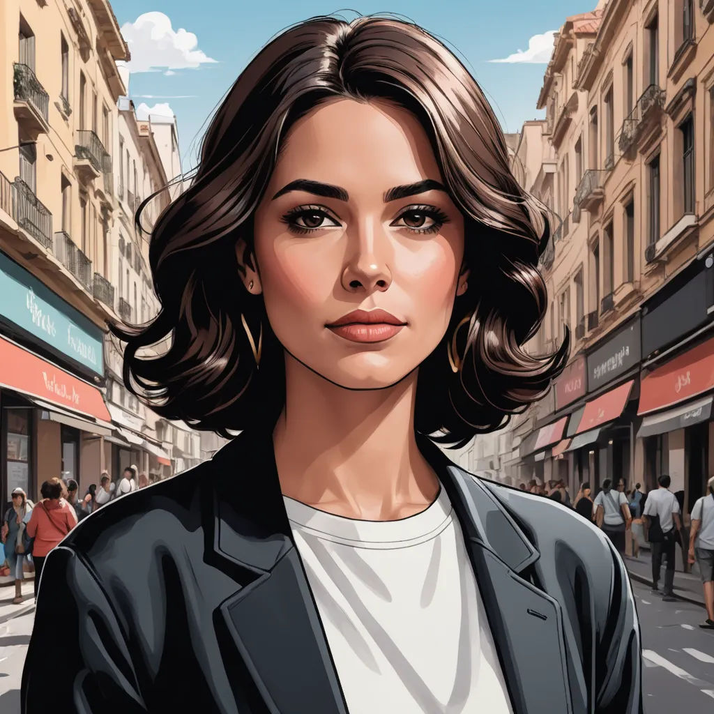 a woman in a black jacket is standing on a street corner with a crowd of people in the background, hyperrealism, a character portrait, Cedric Peyravernay, ultra realistic illustration