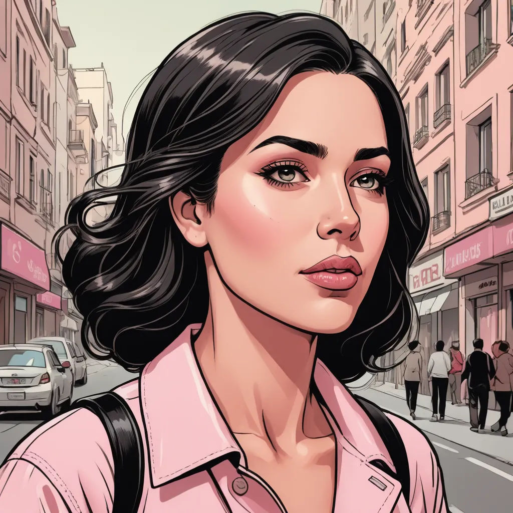 a woman in a pink shirt is standing on the street with a backpack on her shoulder and a man in a pink shirt is walking behind her, hyperrealism, a character portrait, Cedric Peyravernay, detailed portrait