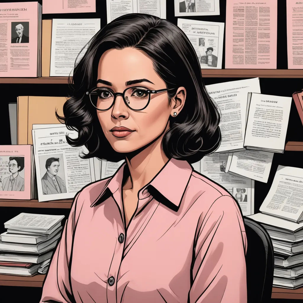 a woman in glasses is standing in front of a book shelf with books on it and a lot of papers, private press, a character portrait, Chip Zdarsky, graphic novel