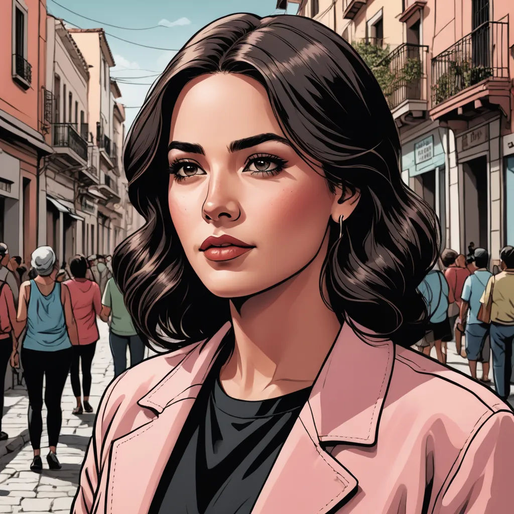 a woman in a pink jacket is standing on a street corner with people walking by and a man in a blue shirt is standing behind her, private press, a comic book panel, Eva Gonzalès, official art