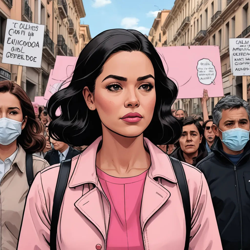 a woman wearing a face mask in front of a crowd of people with signs on them that say stop, feminist art, a comic book panel, Diego Gisbert Llorens, comic cover art