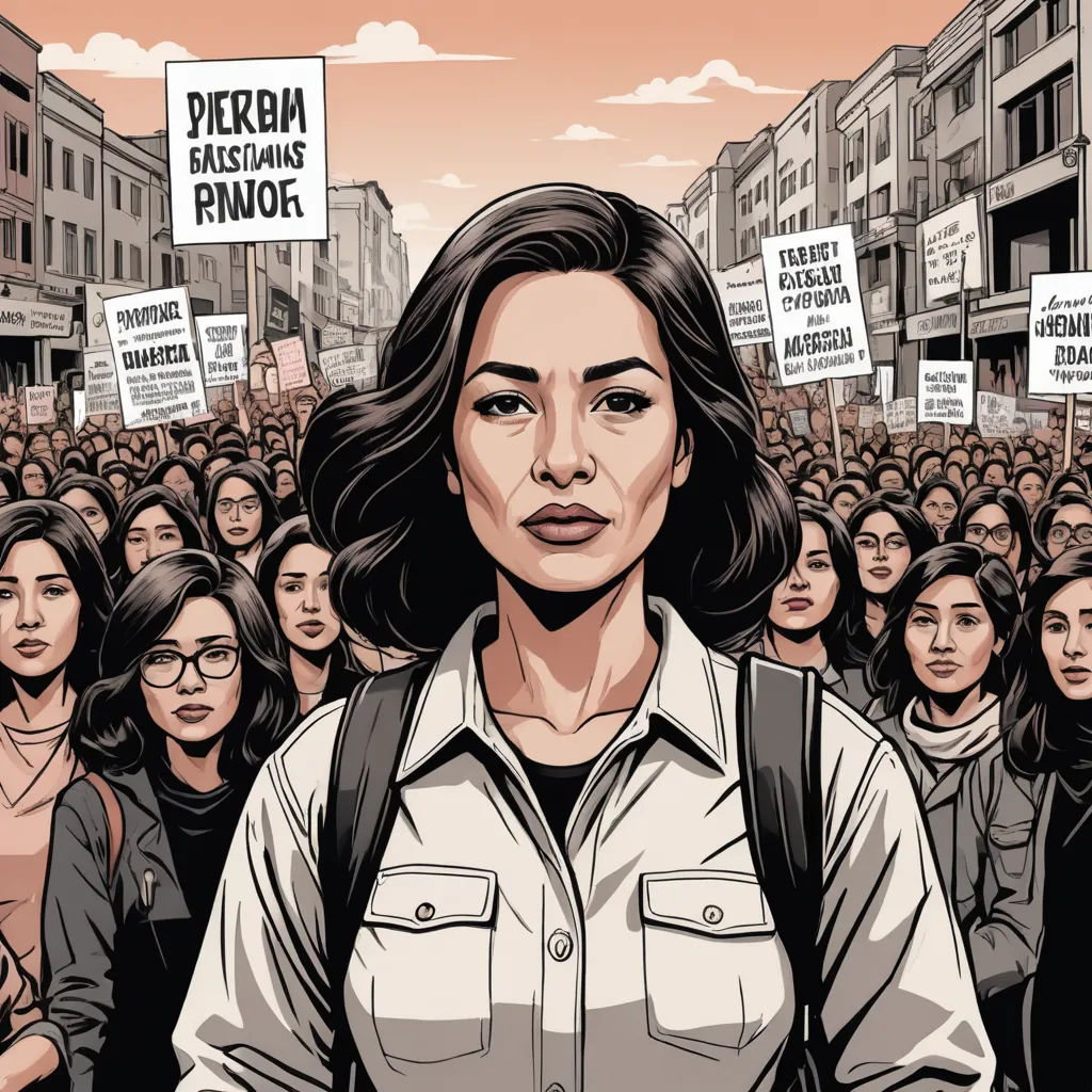 a woman standing in front of a crowd of people holding signs that say,'no racism, no rights ', private press, a comic book panel, Ayshia Taşkın, graphic novel
