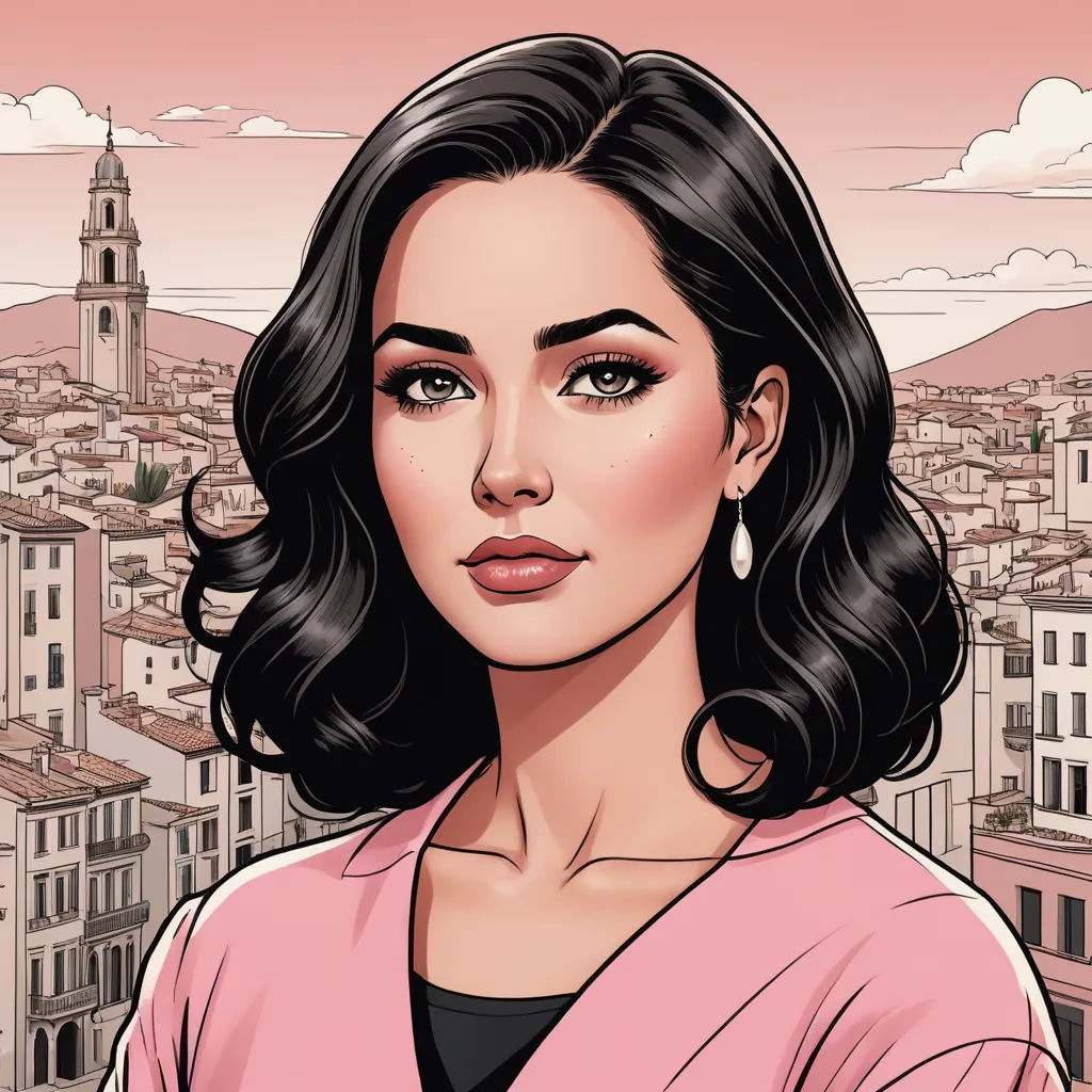 a woman with a pink shirt and a pink background with a cityscape in the background and a pink sky, serial art, a character portrait, Eva Gonzalès, character portrait