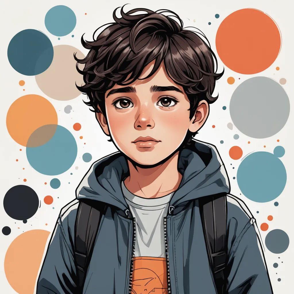 a boy with a backpack on his shoulder and a background with circles of circles around him and a boy with a backpack on his shoulder, photorealism, a character portrait, Everett Warner, character portrait