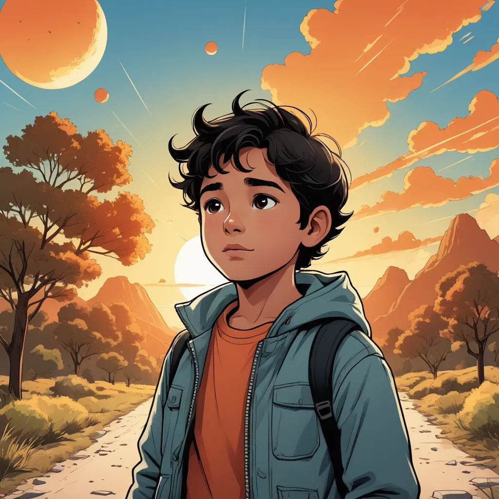 a boy in a blue jacket standing on a road with a sunset in the background and trees and bushes, process art, a comic book panel, Everett Warner, comic cover art