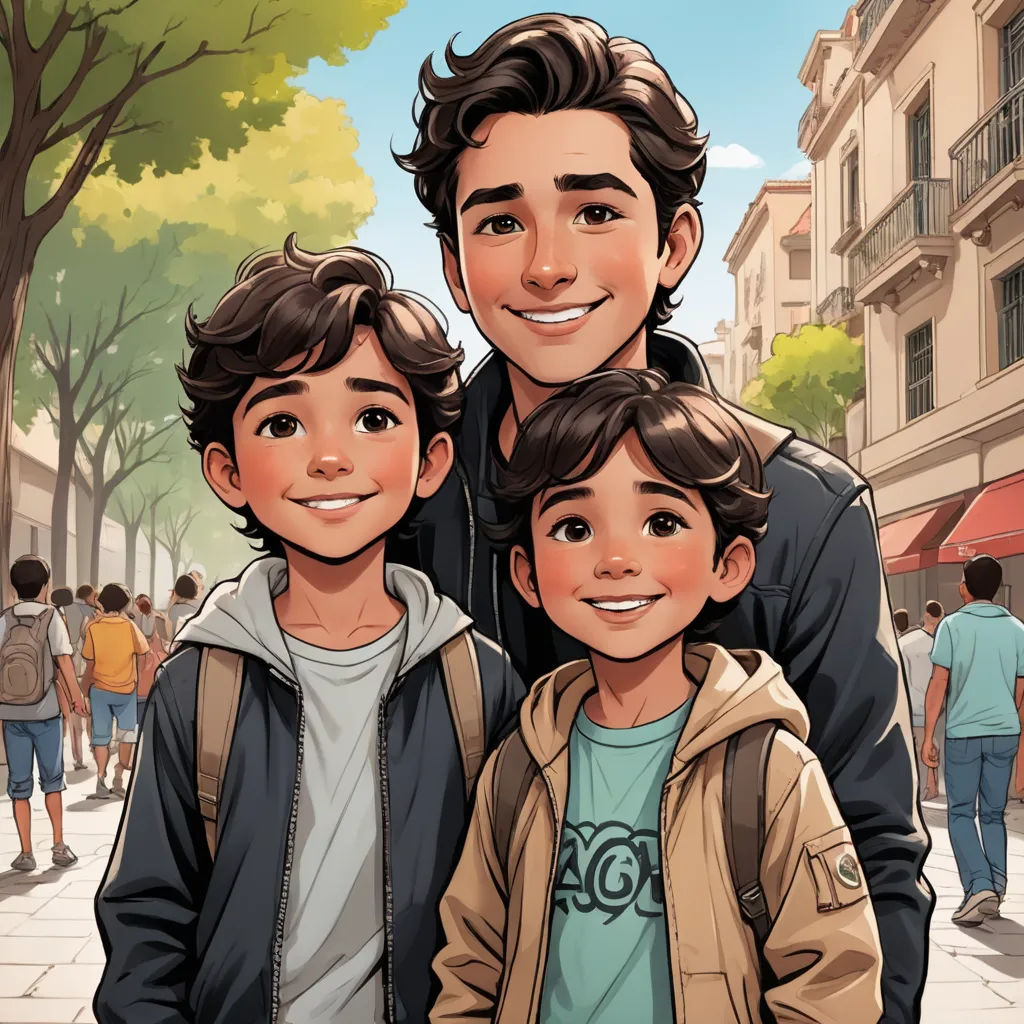 a man and two boys are standing in front of a crowd of people on a city street with a tree, paris school, a comic book panel, Diego Gisbert Llorens, comic cover art