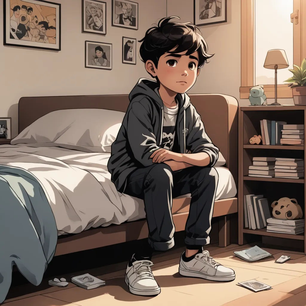 a boy sitting on a bed in a bedroom with a bookcase and a lamp on the side of the bed, photorealism, a comic book panel, Diego Gisbert Llorens, official art