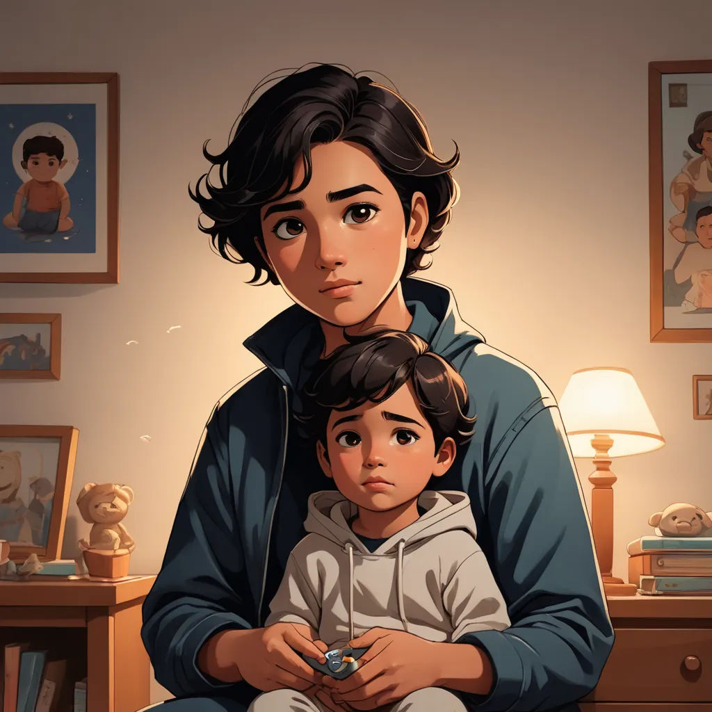 a woman and a child sitting on a bed in a room with pictures on the wall and a lamp, serial art, a storybook illustration, Diego Gisbert Llorens, comic cover art
