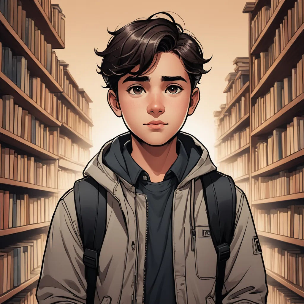 a boy in a library with a backpack on his shoulders and a backpack on his shoulder, standing in front of a bookcase, academic art, a character portrait, Everett Warner, graphic novel