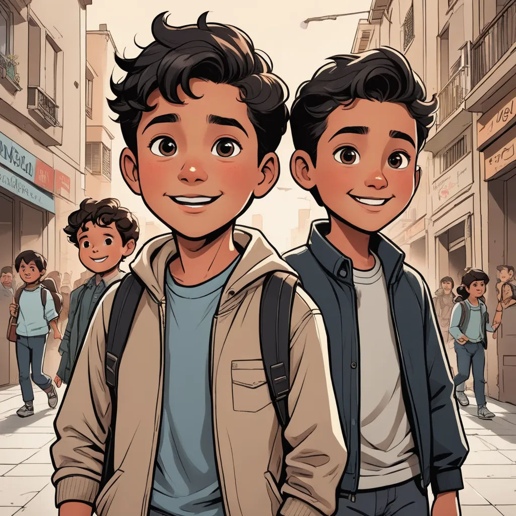 two young men standing next to each other on a street with people walking by them and a building in the background, process art, a comic book panel, Eddie Mendoza, comic cover art