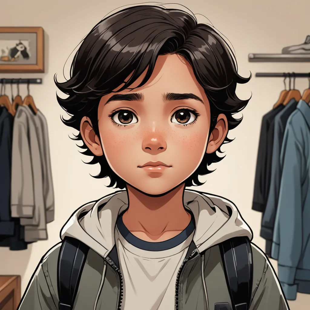 a boy with a backpack standing in front of a closet with clothes on hangers and a coat rack, sots art, a character portrait, Cedric Seaut (Keos Masons), character portrait