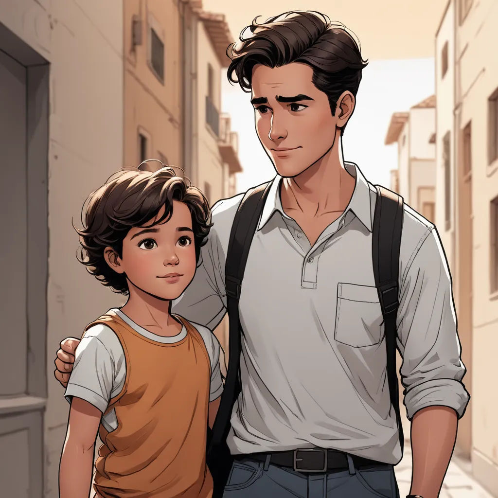 a man and a boy standing in a narrow alleyway with buildings in the background, one of them is holding the boy's shoulder, sots art, a comic book panel, Brothers Hildebrandt, kinkade