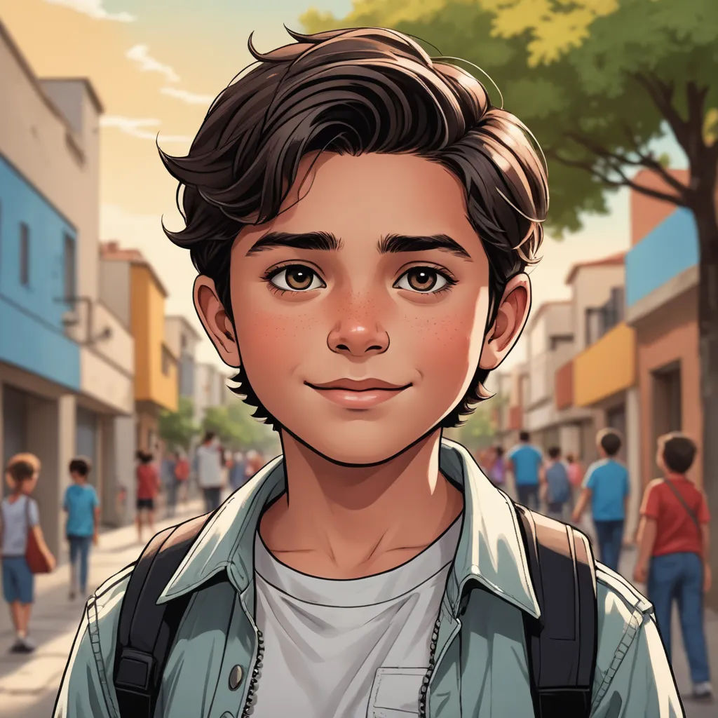 a boy with a backpack on a street with people walking around him and a tree in the background with a few leaves, photorealism, a comic book panel, Alejandro Burdisio, rossdraws global illumination