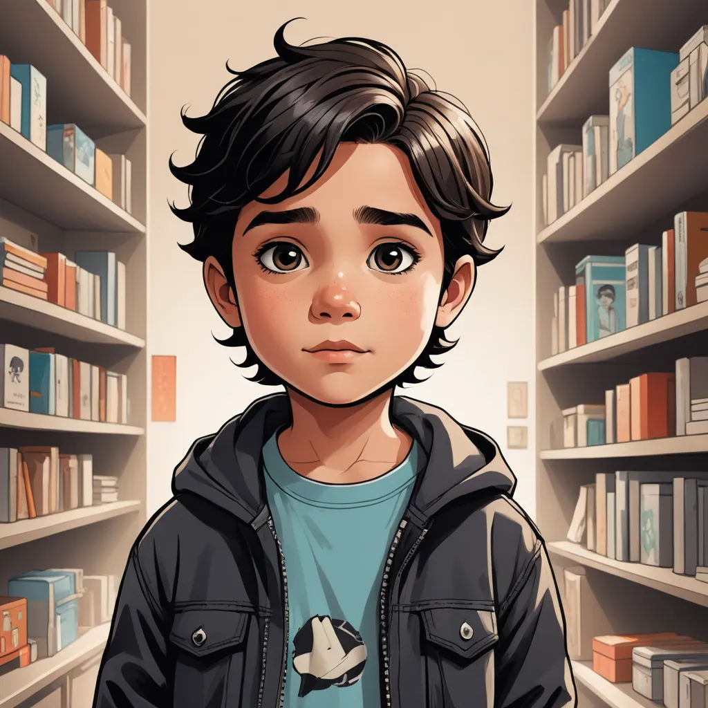 a boy in a library with bookshelves in the background and a cartoon character in the foreground, photorealism, a character portrait, Everett Warner, comic book
