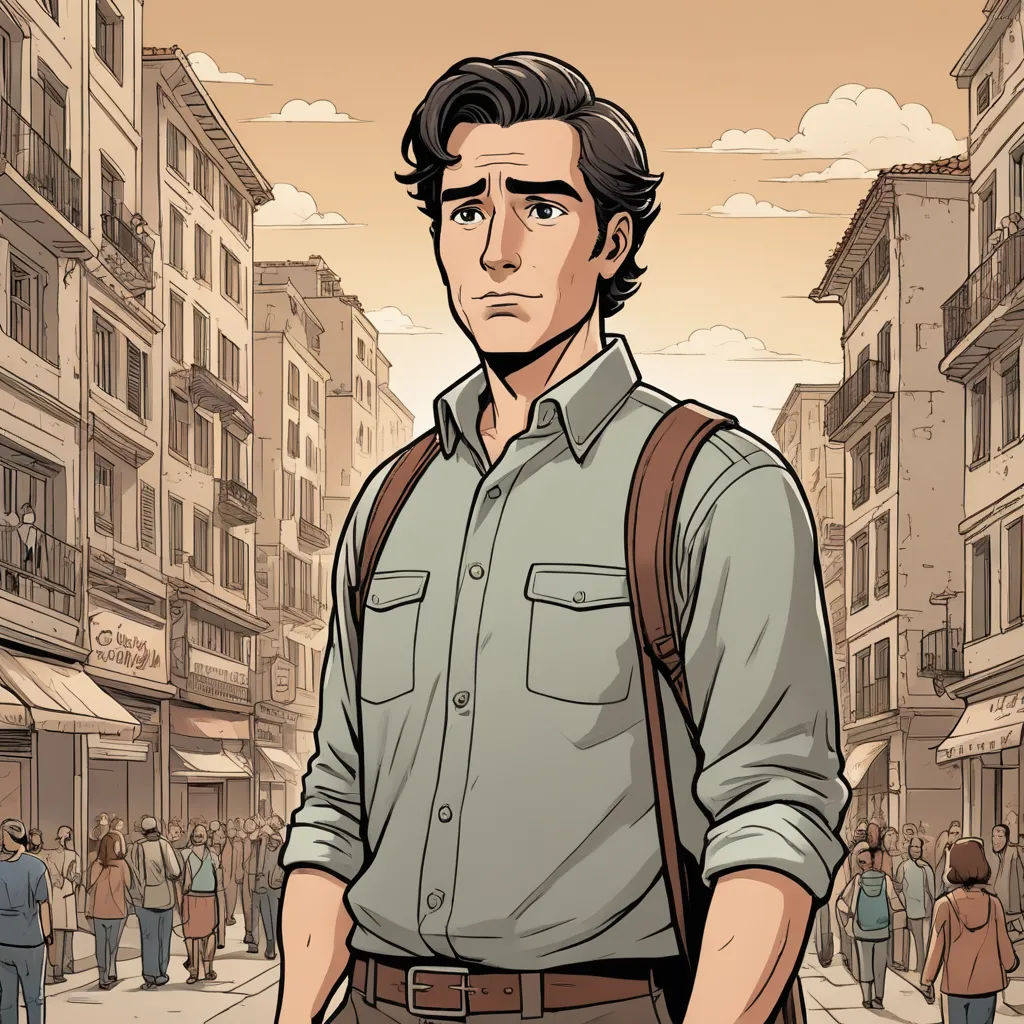 a man with a backpack standing in front of a building on a city street with people walking around him, serial art, a character portrait, Asaf Hanuka, graphic novel