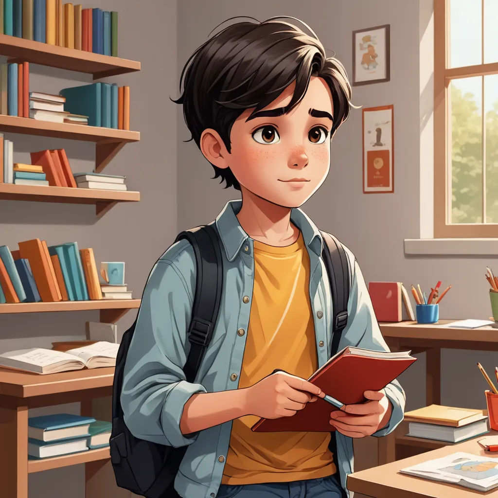 a boy is standing in a room with a book and a pen in his hand and a book in his hand, sots art, a storybook illustration, Alejandro Burdisio, rossdraws global illumination