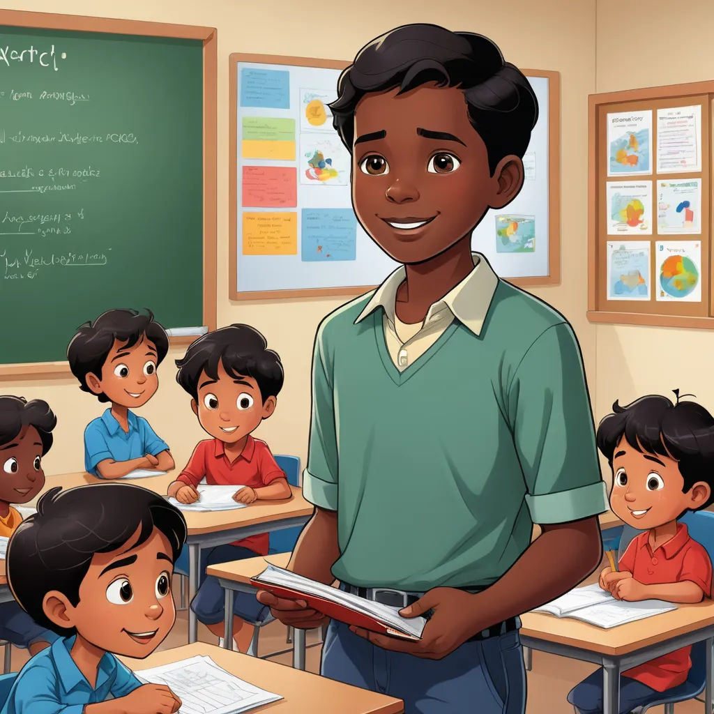 a boy standing in front of a classroom full of students with a book in his hand and a teacher standing behind him, samikshavad, a storybook illustration, Eddie Mendoza, jayison devadas