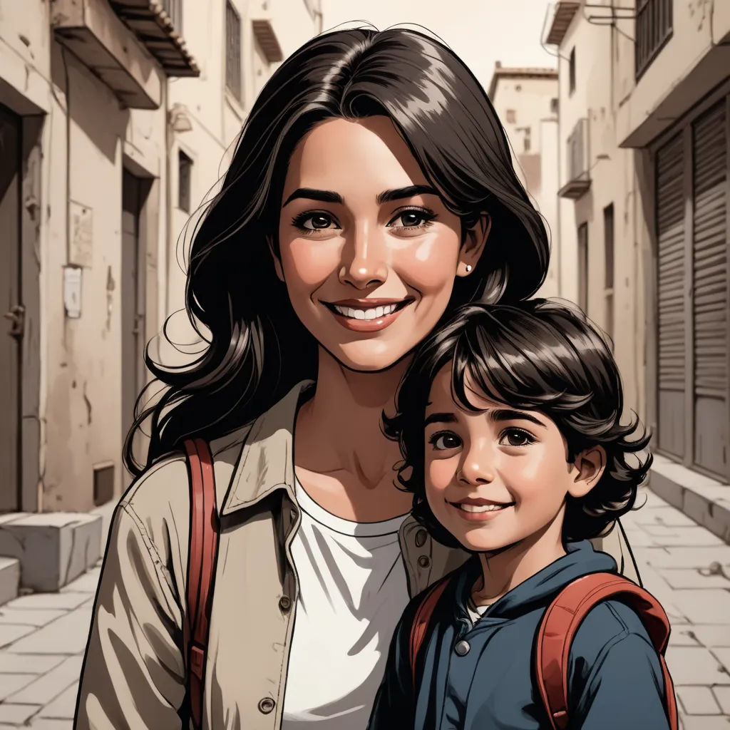 a woman and a child are standing in a street with buildings in the background and a street sign in the foreground, photorealism, a comic book panel, Artgerm, comic cover art