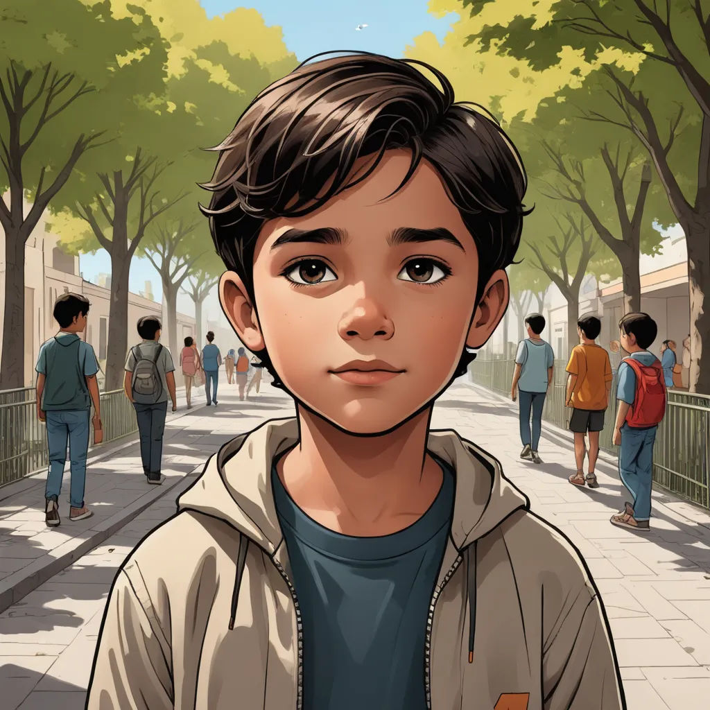 a boy in a jacket is standing on a sidewalk with people walking by him and trees in the background, paris school, a comic book panel, Asaf Hanuka, graphic novel