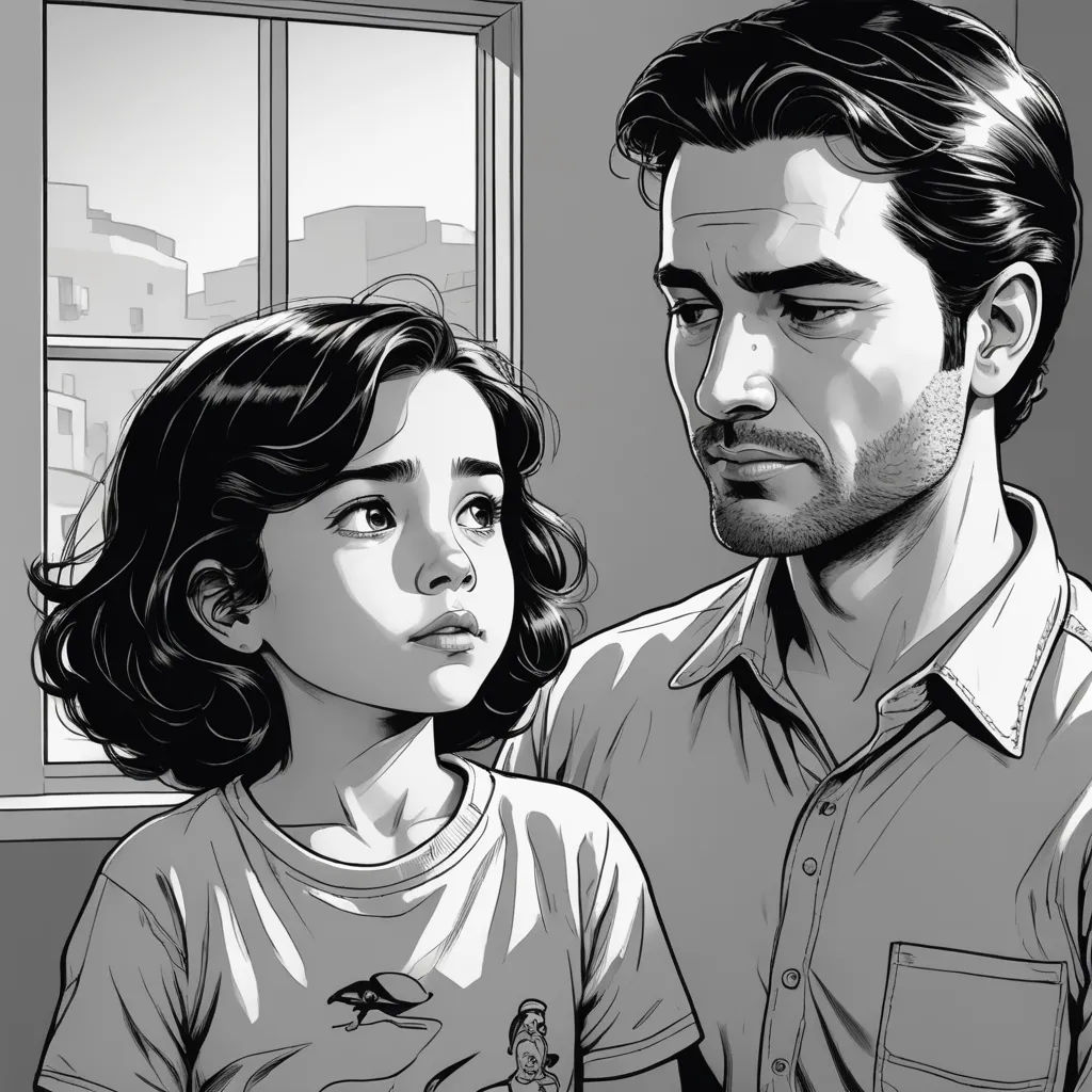 a man and a woman are looking at each other in a black and white illustration of a man and a girl, serial art, a comic book panel, Asaf Hanuka, graphic novel