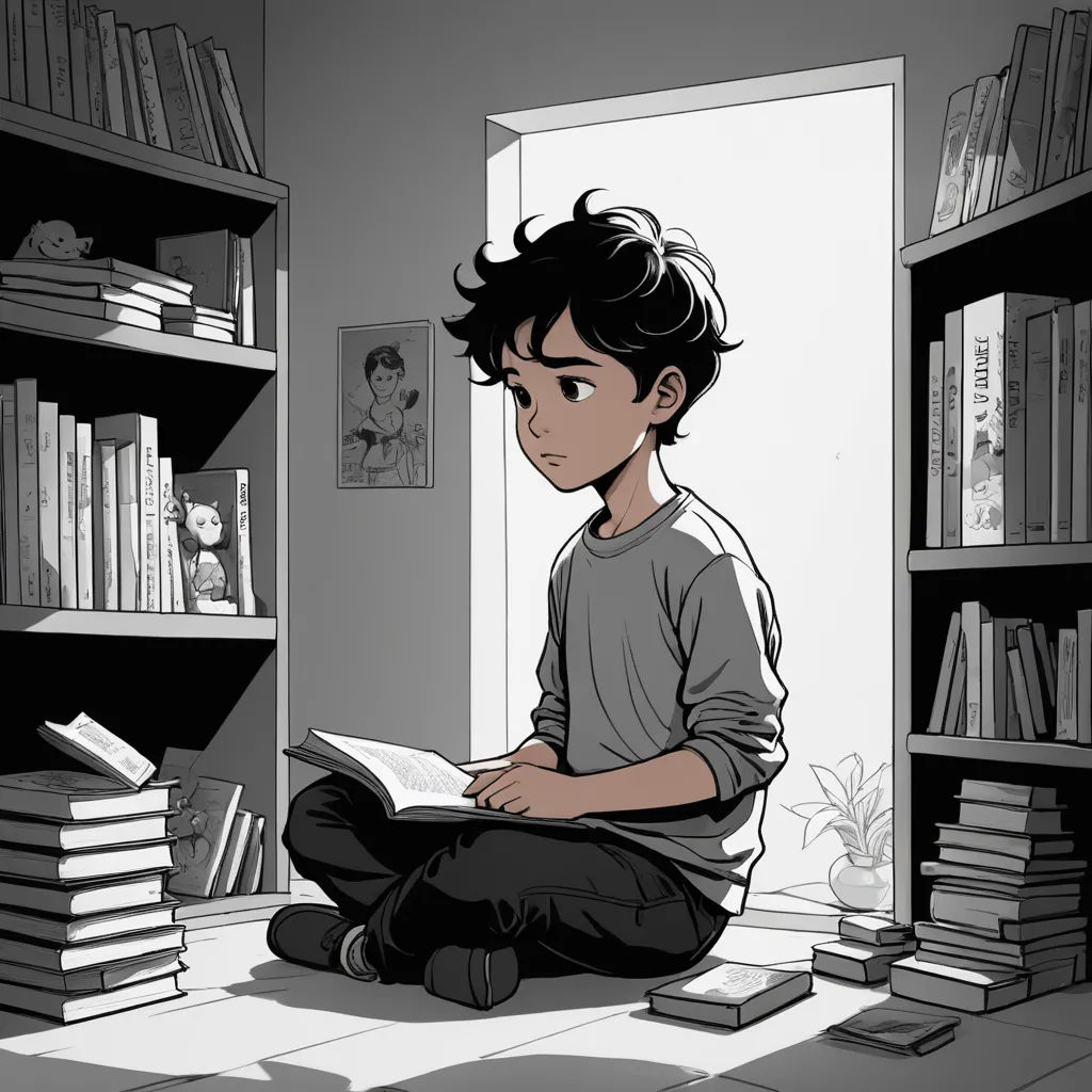 a boy sitting on the floor reading a book in a room with bookshelves and a bookcase, process art, a storybook illustration, Diego Gisbert Llorens, manga