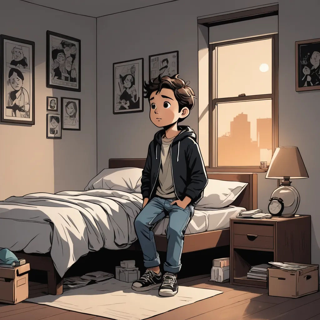 a boy sitting on a bed in a bedroom with a window and a picture of himself on the wall, sots art, a comic book panel, Diego Gisbert Llorens, rossdraws global illumination