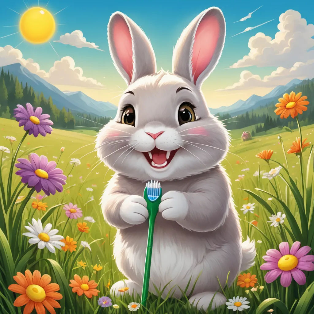 a rabbit holding a toothbrush in a field of flowers and daisies with a sky background and sun, furry art, an airbrush painting, Beatrix Potter, brush hard