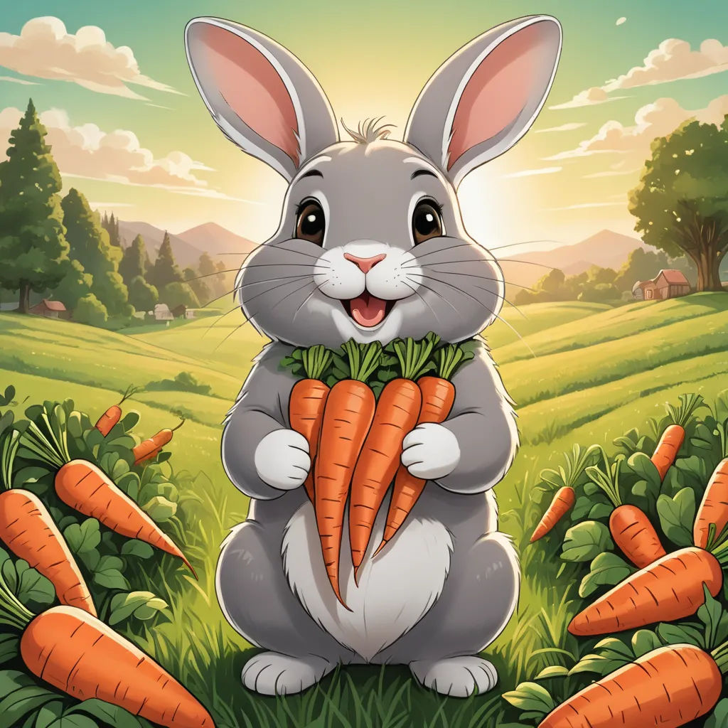 a rabbit holding a bunch of carrots in a field of grass with a sunset in the background and a field of grass with trees, furry art, computer graphics, Beatrix Potter, game art