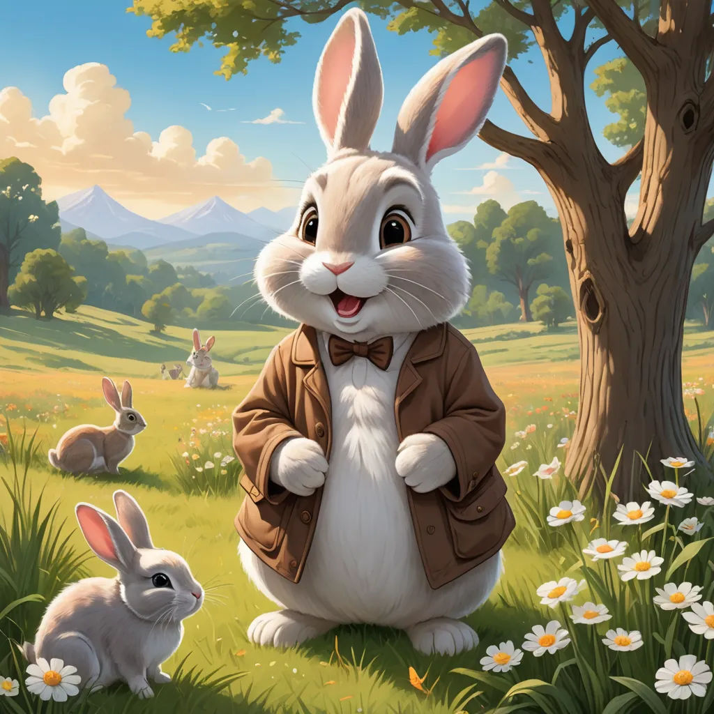 a painting of a rabbit dressed in a brown jacket and bow tie sitting in a field with two rabbits, altermodern, a character portrait, Aaron Jasinski, official art