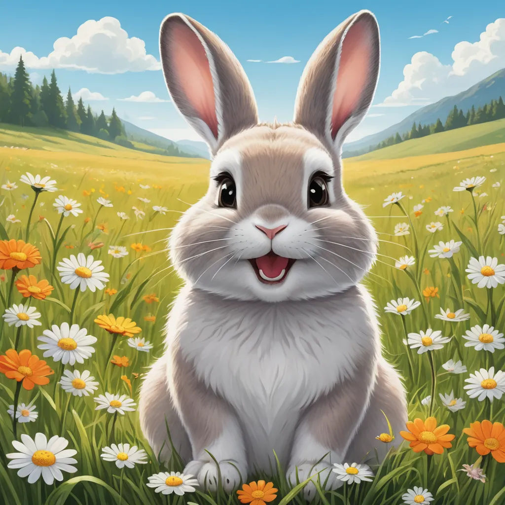 a painting of a rabbit sitting in a field of daisies and daisies with a sky background and clouds, furry art, a digital painting, Chris LaBrooy, professional digital painting