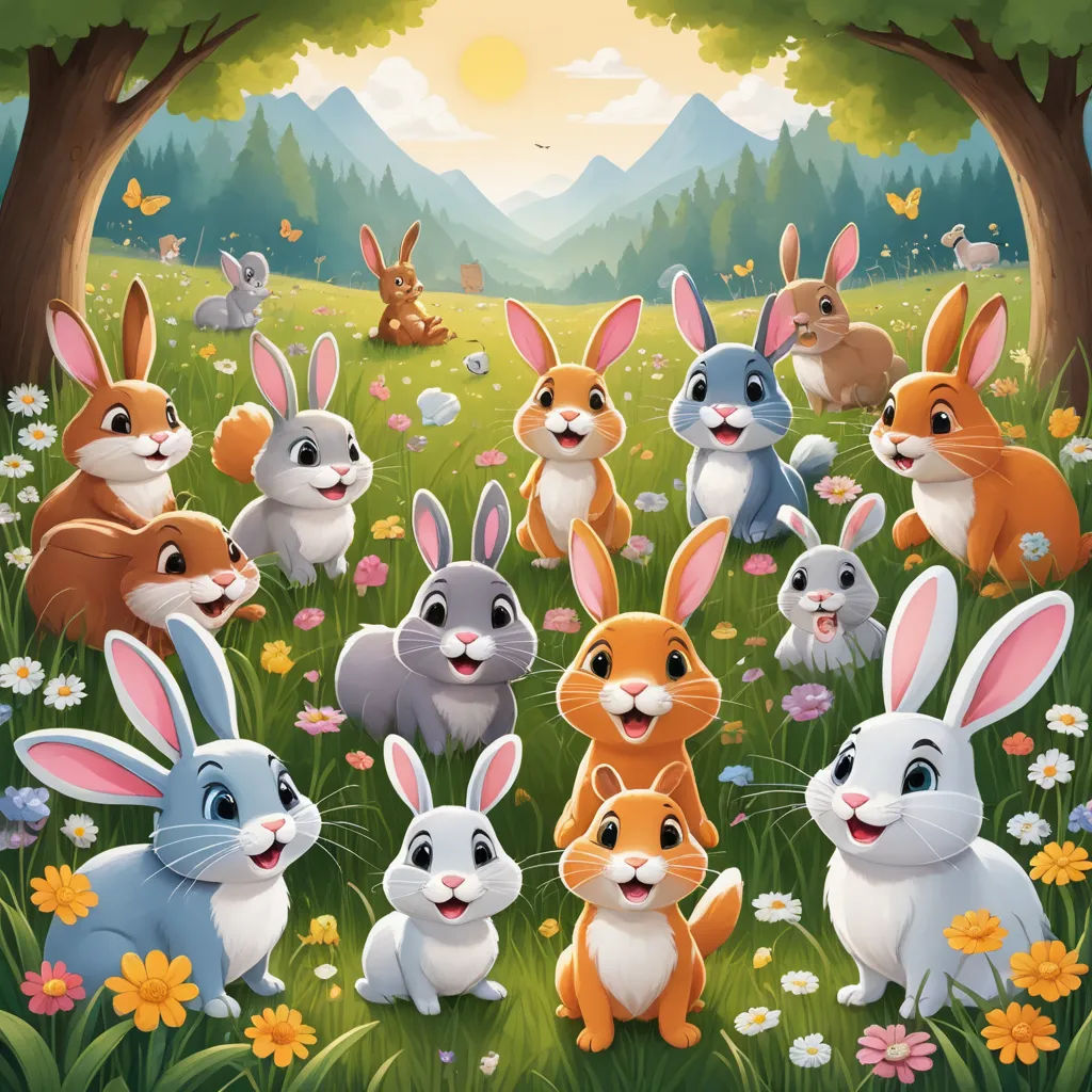a group of rabbits in a field of flowers and grass with a forest in the background and a sun in the sky, furry art, a storybook illustration, Beatrix Potter, rossdraws global illumination